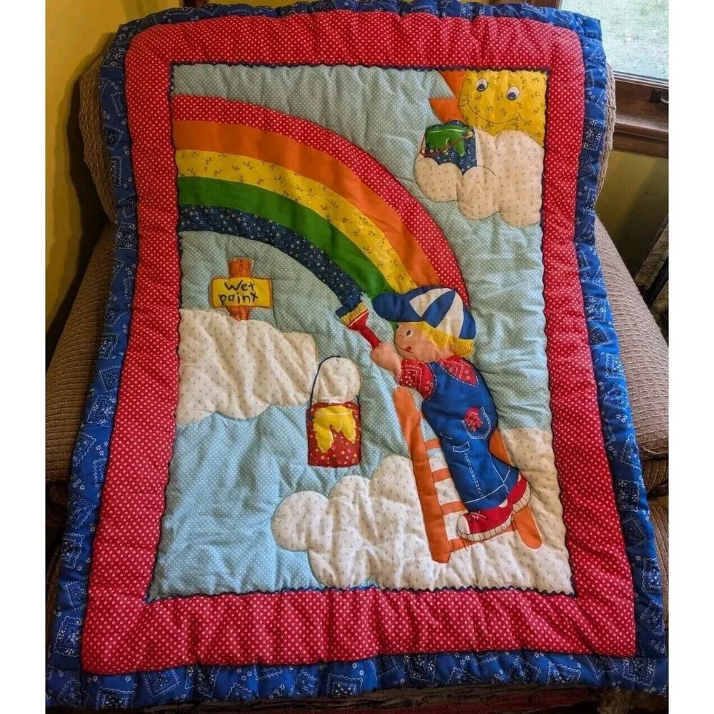 80s Wall Hanging Baby Quilt Rainbow Painter Artist Boy Primary Colors Decor Vtg